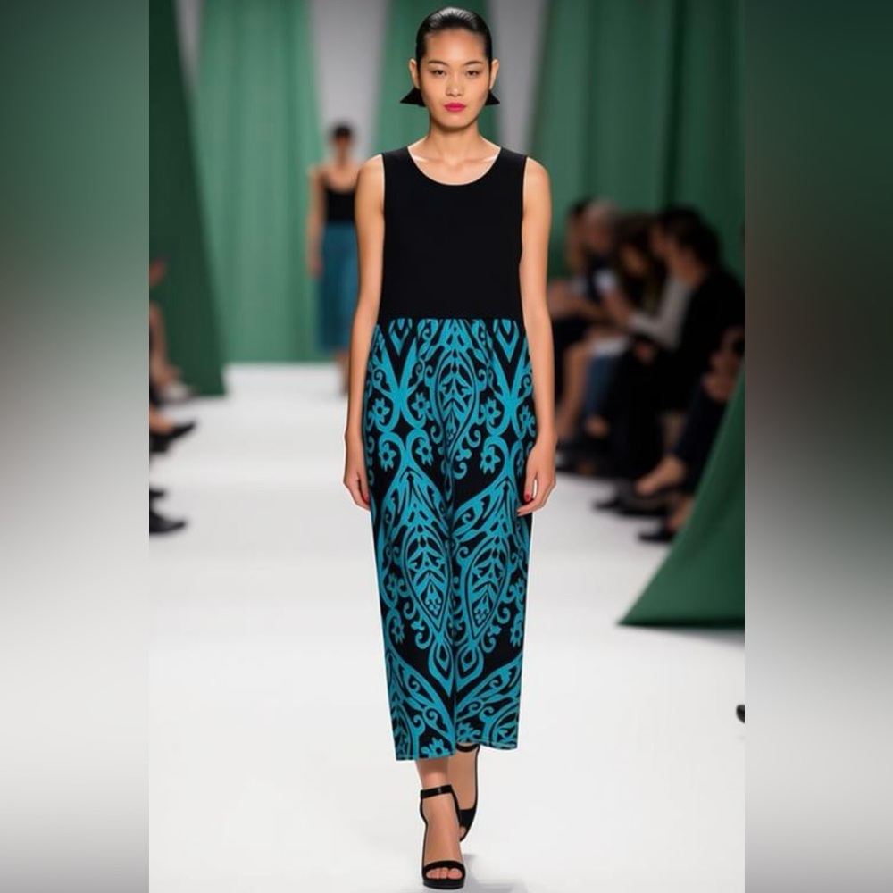 Elegant Black and green/turq Patterned maxi Dress